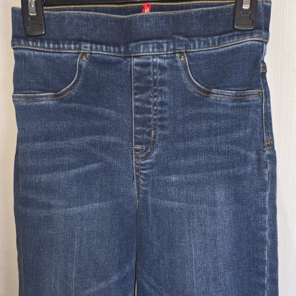 Spanx Flare Jeans Dark Wash High Rise Pull On Raw Hem Stretch Denim Women XS - Picture 10 of 10
